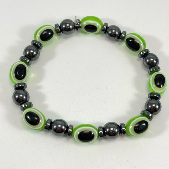 Turkish Lucky Evil Eye Magnetic Hematite Stretch Bracelet Green Black Boho - Picture 1 of 5